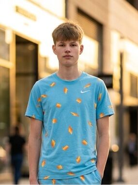 Nike Light Blue Athletic Shirt with Orange Print design Youth Large